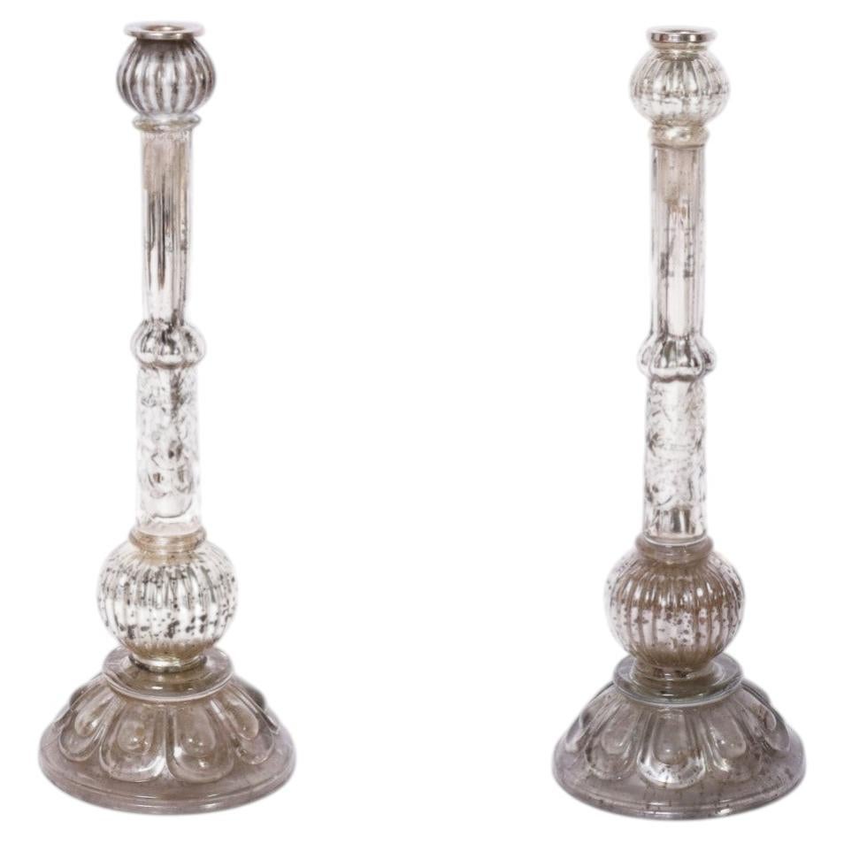 Pair of Antique English Mercury Glass Candlesticks