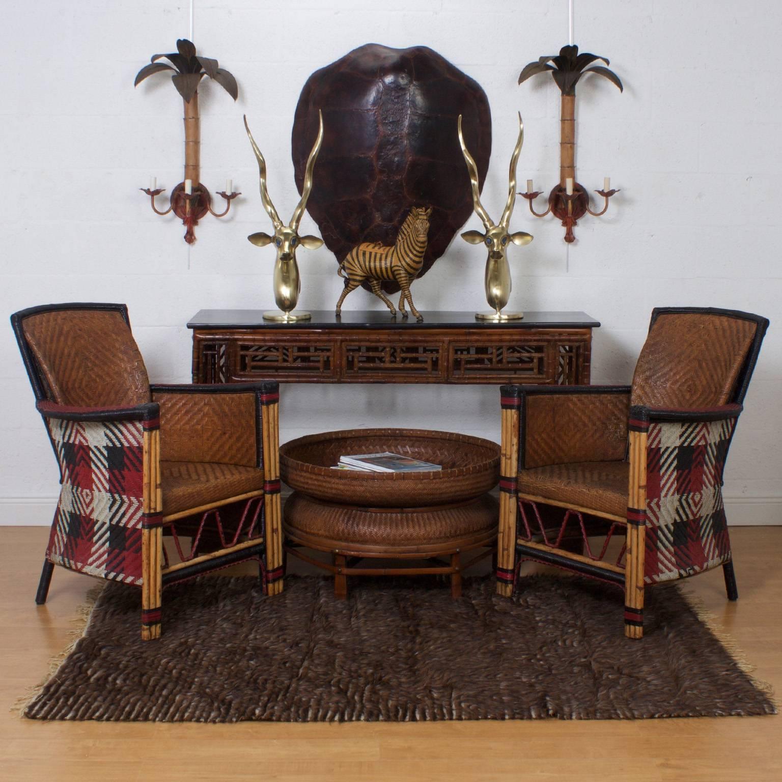 Pair of Rare Woven Cane Armchairs with Painted Backs 3