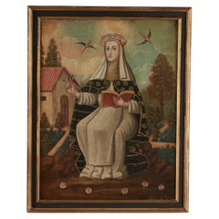 Pintura religiosa mexicana antigua de una santa