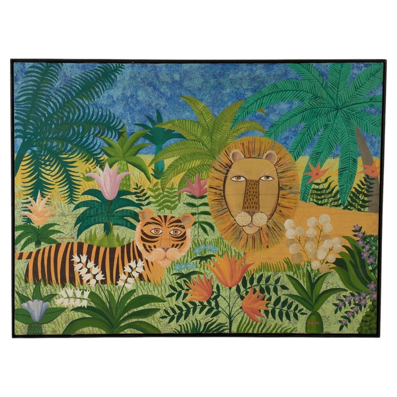 Vintage Naive Painting of a Tiger and a Lion in a Jungle Signed Cadena