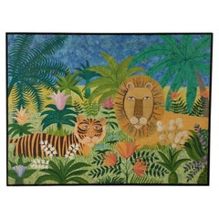 Vintage-Gemälde im naiven Stil, das einen Tiger und einen Löwen im Dschungel zeigt, signiert „Cadena“