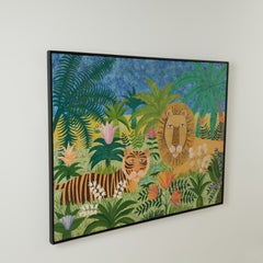 Vintage Naive Painting of a Tiger and a Lion in a Jungle Signed Cadena