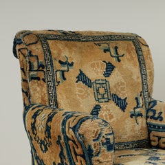 Antique English Victorian Armchair Upholstered in a Chinese Rug