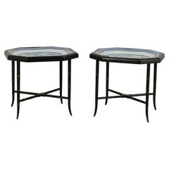 Pair of Antique Blue and White Platters in Faux Bamboo Stands