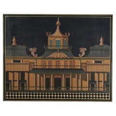 Vintage Modernist Architectural Painting with Pagoda