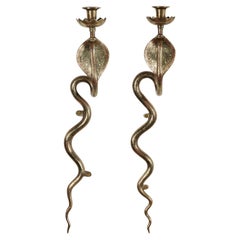 Vintage Pair of Anglo Indian Brass Snake Wall Sconces