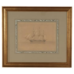 Antique Watercolor of the English Sailing Ship HMS Pique