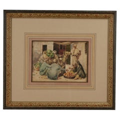 Antikes orientalistisches Aquarell eines Marktes mit Figuren und einem Kamel