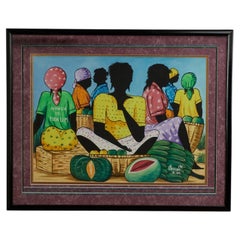 Cuadro vintage de arte popular jamaicano que representa un mercado con personas y fruta