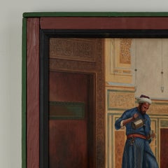 Antike orientalistische Malerei, die einen Laternenanzünder in einer Innenraumszene zeigt