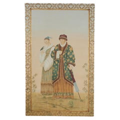 Large Oriental Style Painting of Figures in a Garden