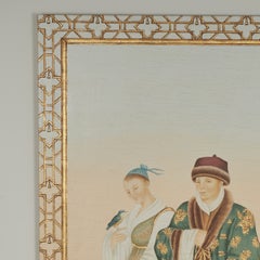 Large Oriental Style Painting of Figures in a Garden