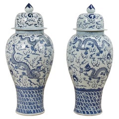 Pair of Chinese Blue and White Porcelain Dragon Palace Urns