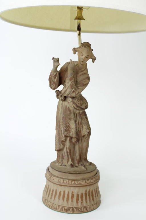 Pair of Terra Cotta Chinoiserie Male and Female Figure Lamps In Excellent Condition In Palm Beach, FL