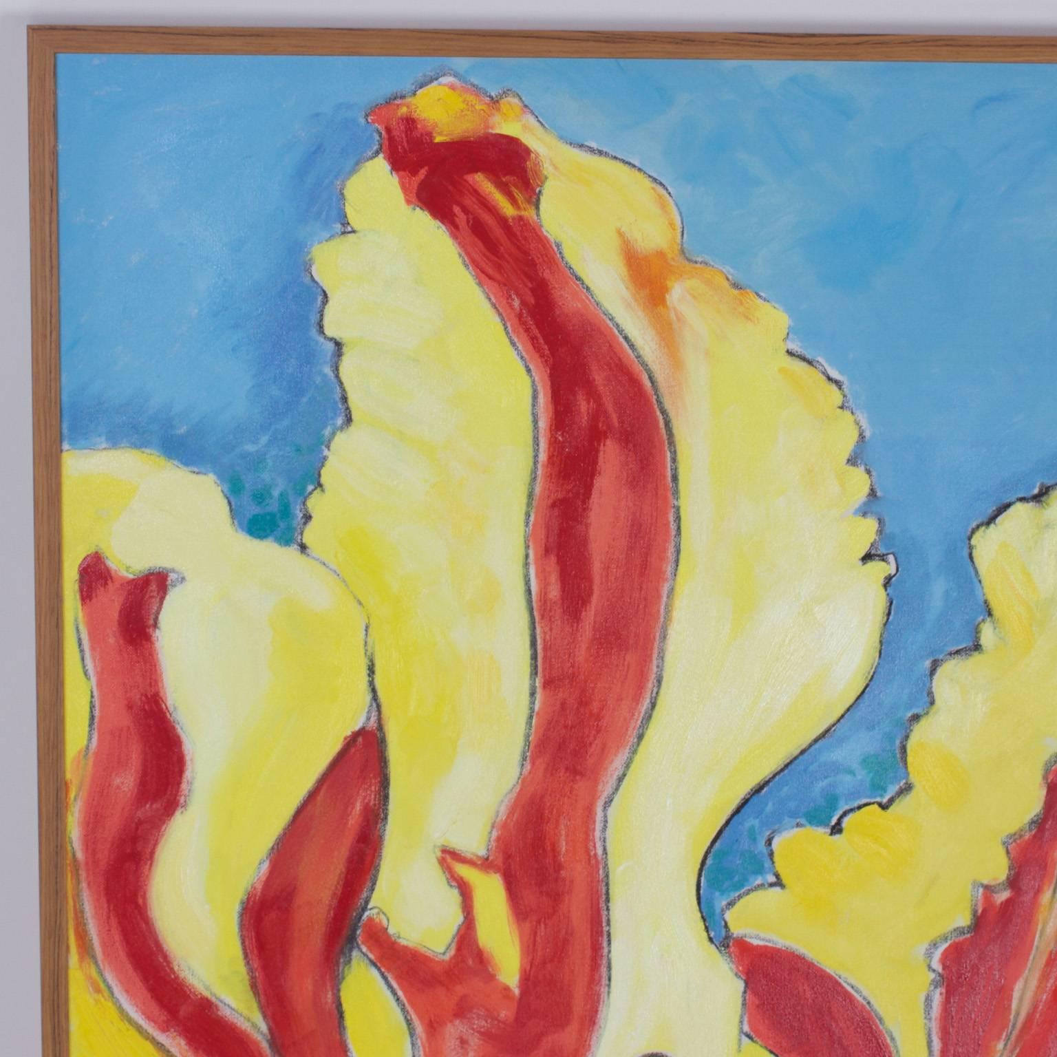 Auffälliges, modernes, florales Ölgemälde auf Leinwand, das sowohl feurig heiß als auch sinnlich ist und den Betrachter in das Bild hineinzieht. Gemalt von Dennis Teakle im Jahr 2016.
                     