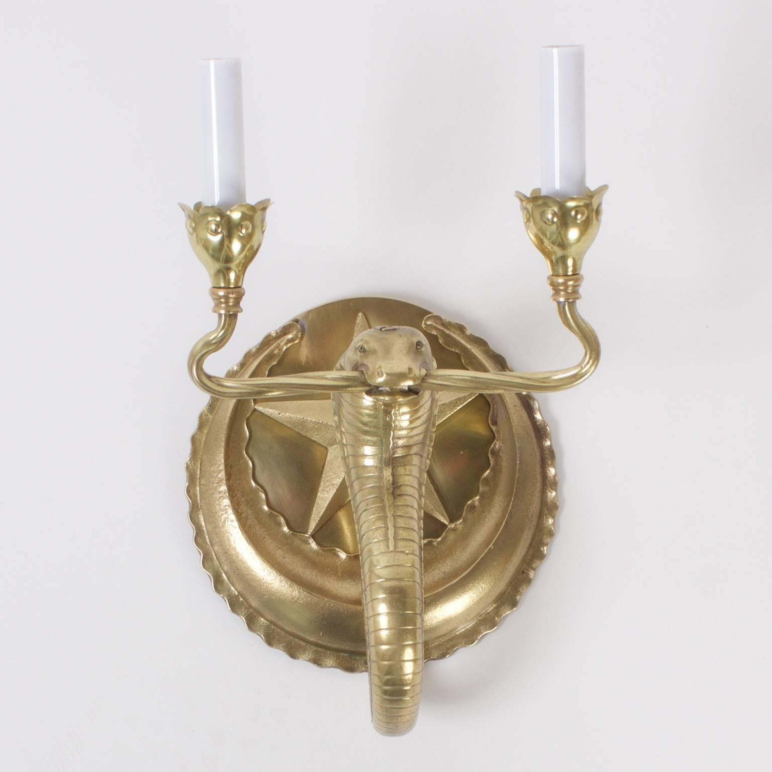 Brass Cobra Wall Sconces In Good Condition In Palm Beach, FL