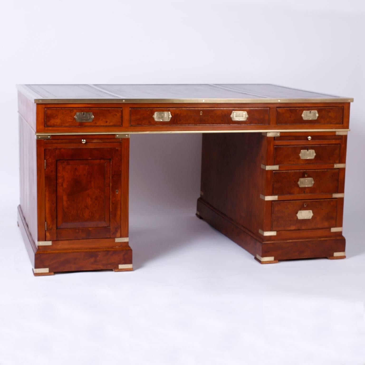 English Antique Campaign Style Mahogany Leather Top Partners Desk