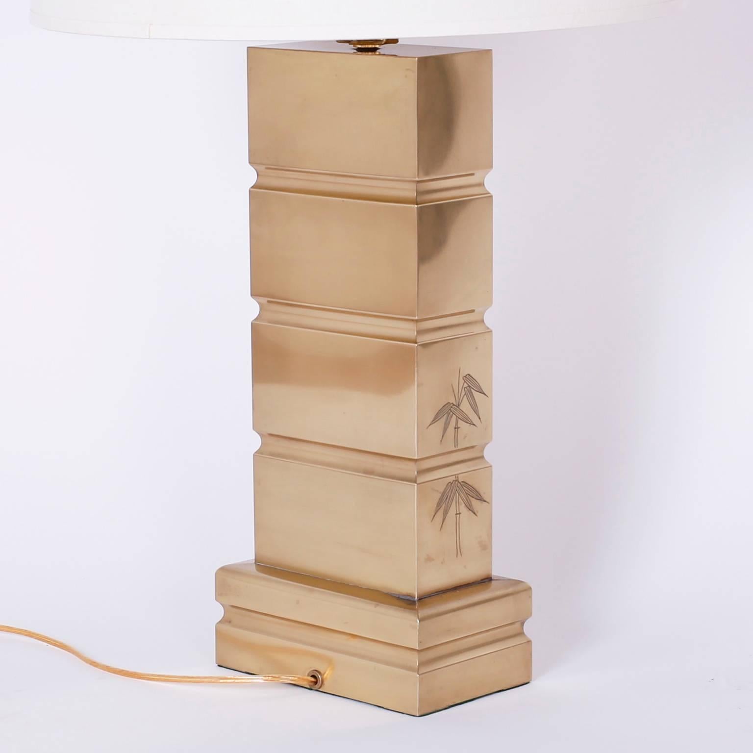 Mid-Century Pair of Brass Table Lamps with Bamboo Motif In Good Condition In Palm Beach, FL