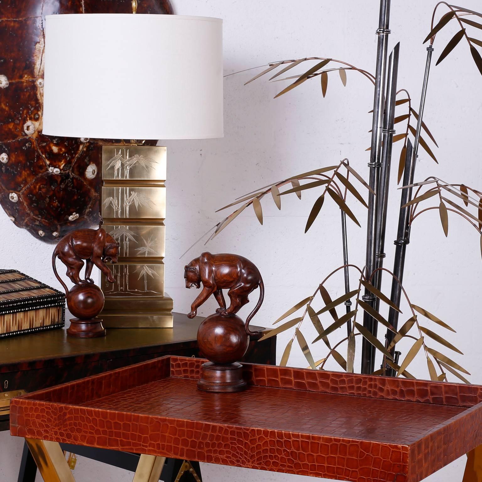 20th Century Mid-Century Pair of Brass Table Lamps with Bamboo Motif