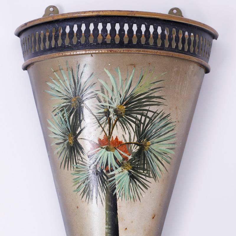 Italian Pair of Tole Wall Planters with Palm Trees 