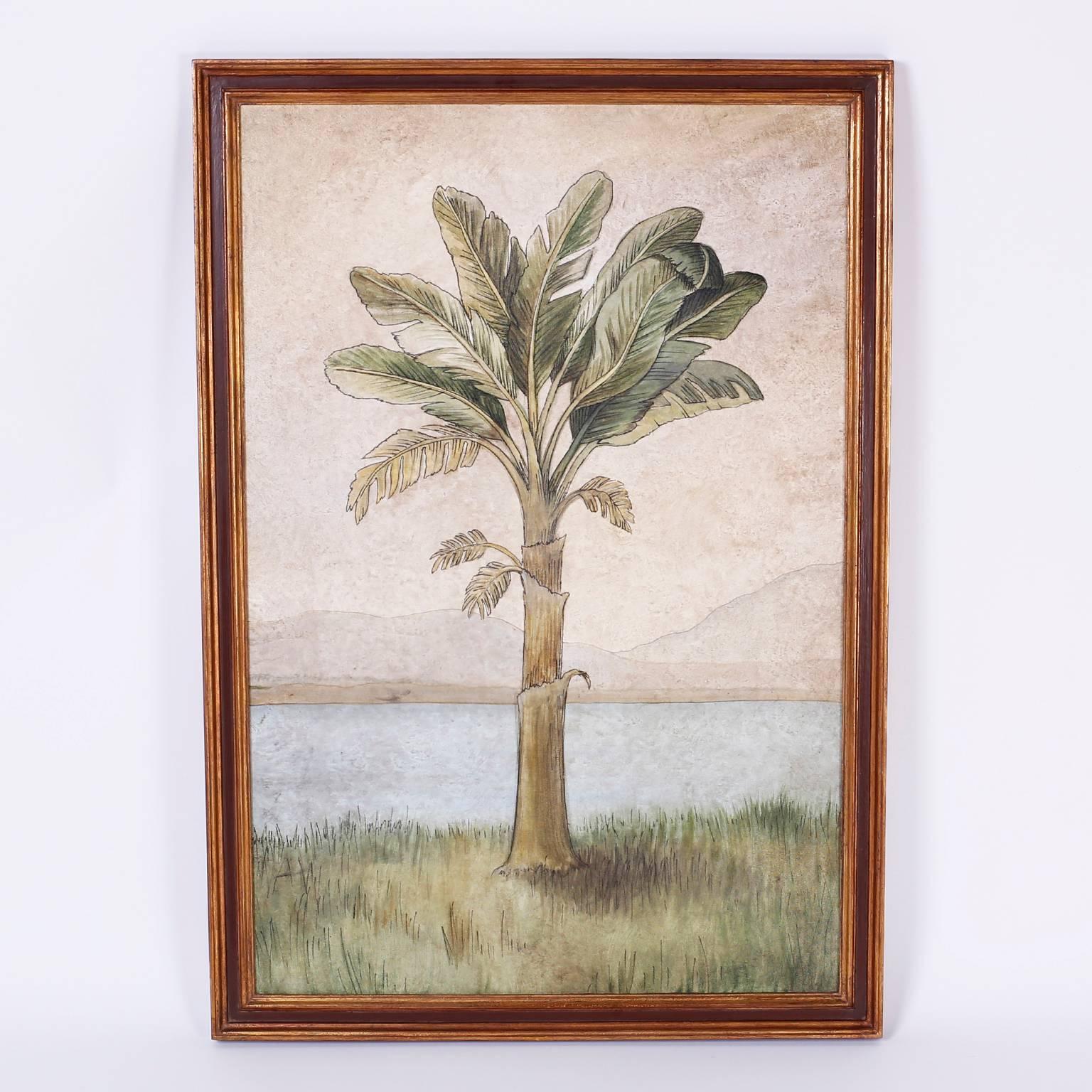 20th Century Pair of Oil on Canvas Palm Tree Paintings