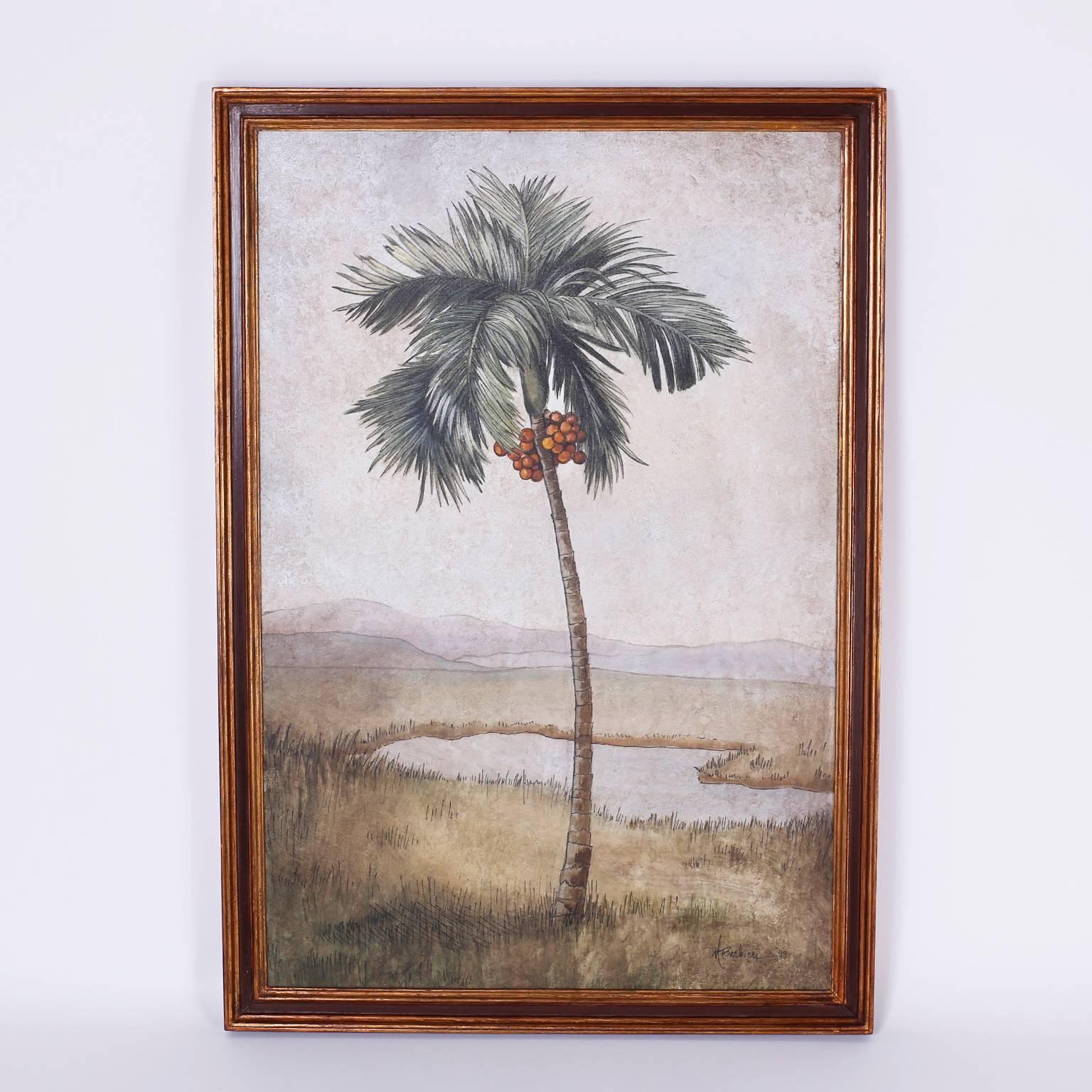 Two palm tree paintings depicting two different species, both with a soft earthy palette that captures the serene presence of Nature. The pair is painted by M. Barbien with one signed in the lower right both presented in gold leaf and ebonized