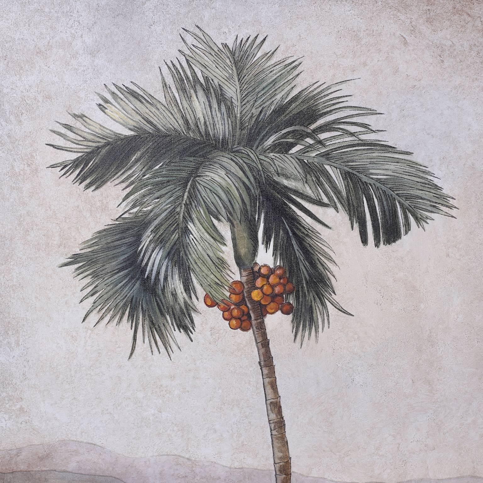 British Colonial Pair of Oil on Canvas Palm Tree Paintings