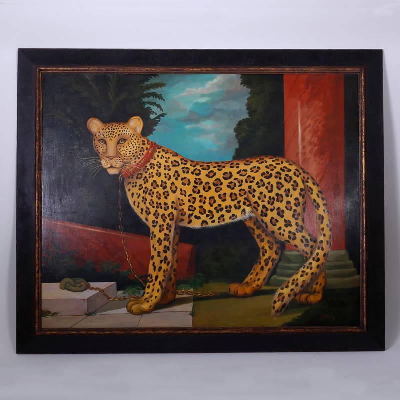 Oil painting on canvas of a leopard set in temple ruins and a jungle lit by a glowing blue sky. William Skilling literally created his own genre of art using the techniques of naive Victorian parlor paintings combined with a bold, modern, and