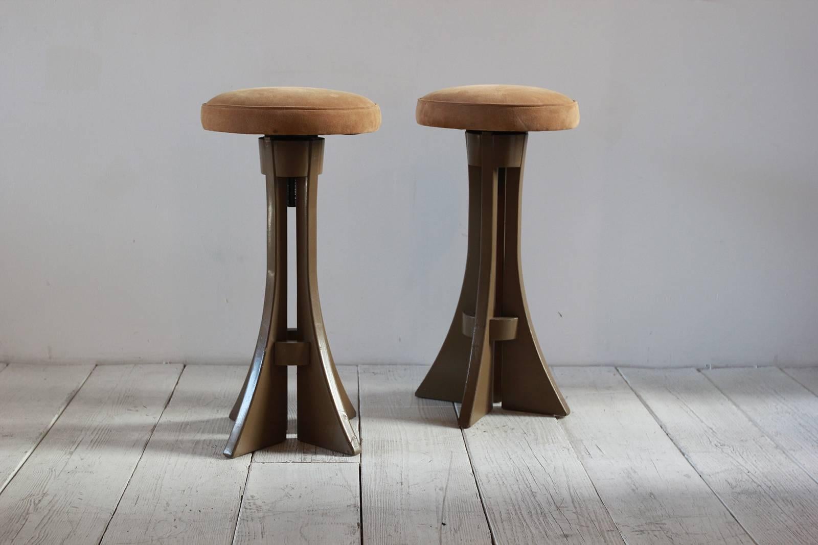 Brown Painted Stools with Suede Seat Cushion In Distressed Condition In Los Angeles, CA