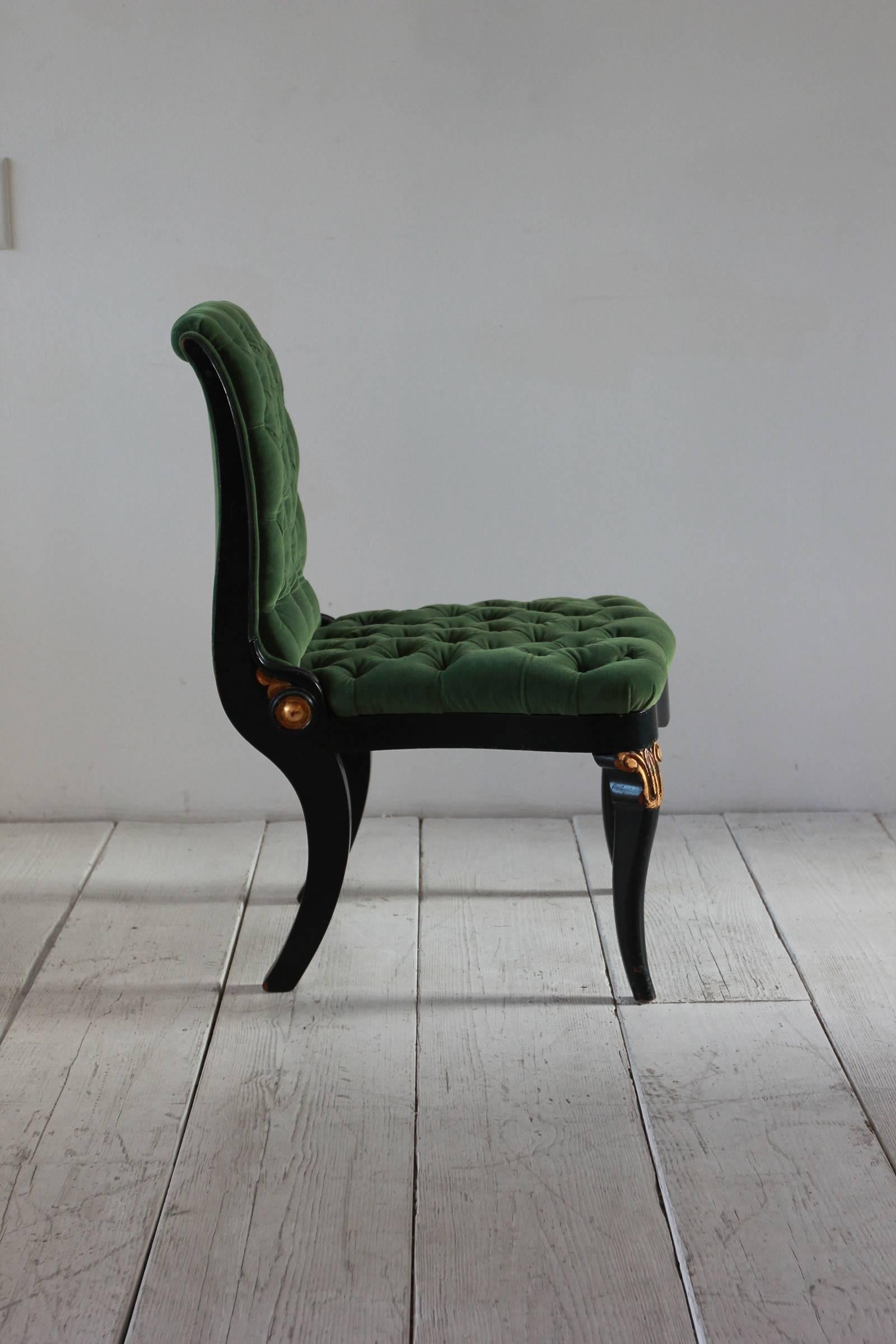 Black and Gold Painted Regency Chair Upholstered in Green Velvet In Distressed Condition In Los Angeles, CA