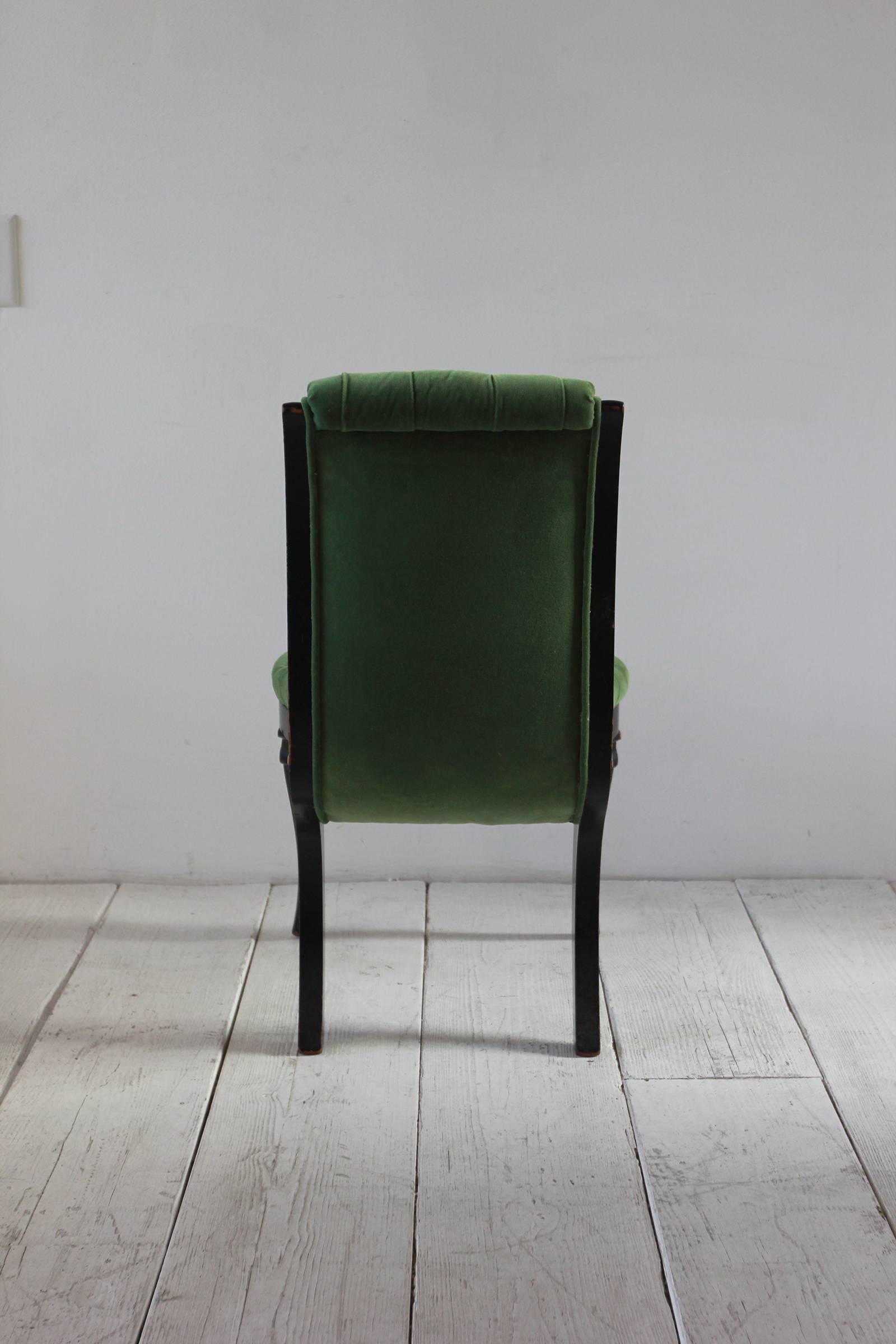 20th Century Black and Gold Painted Regency Chair Upholstered in Green Velvet