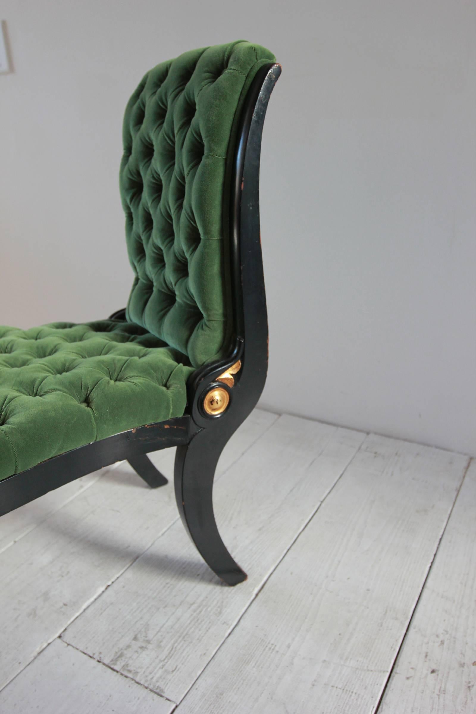 Black and Gold Painted Regency Chair Upholstered in Green Velvet 1