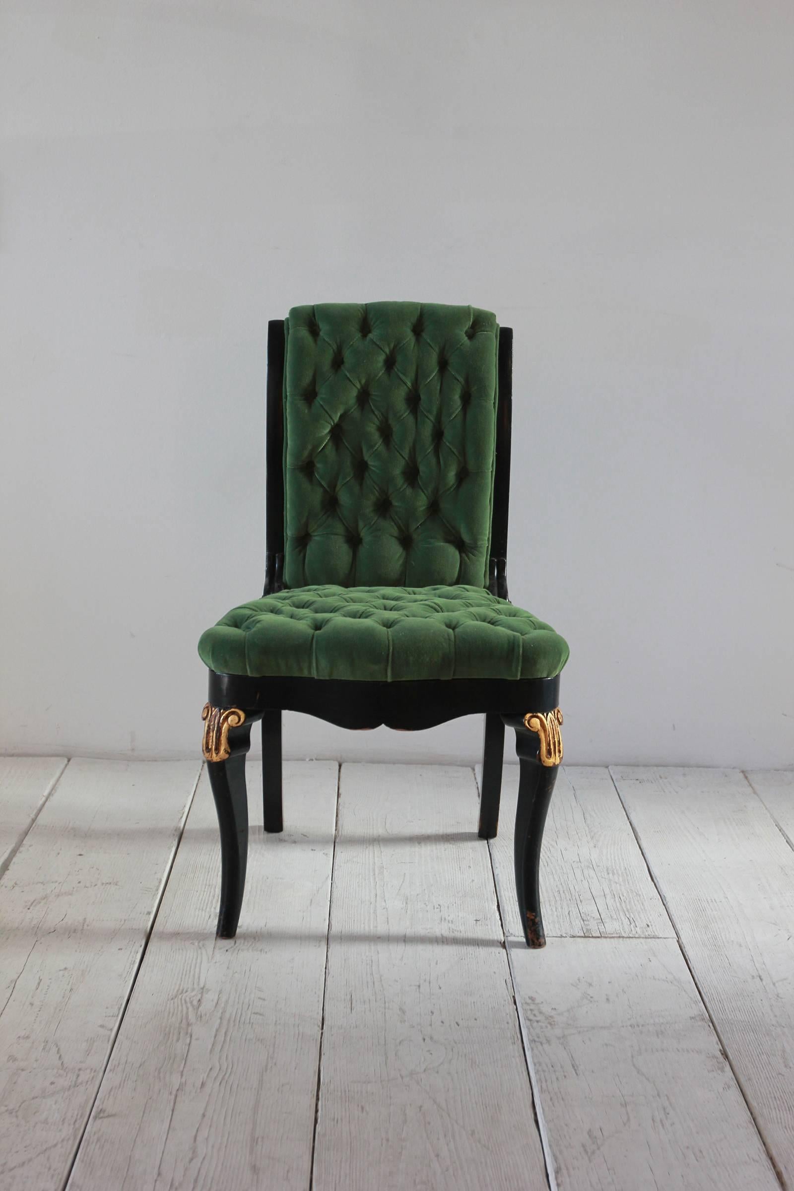 Black and Gold Painted Regency Chair Upholstered in Green Velvet 2