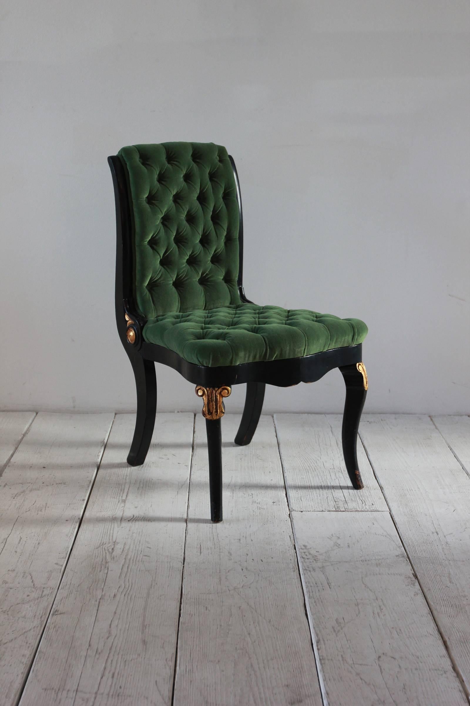 Black and Gold Painted Regency Chair Upholstered in Green Velvet 3
