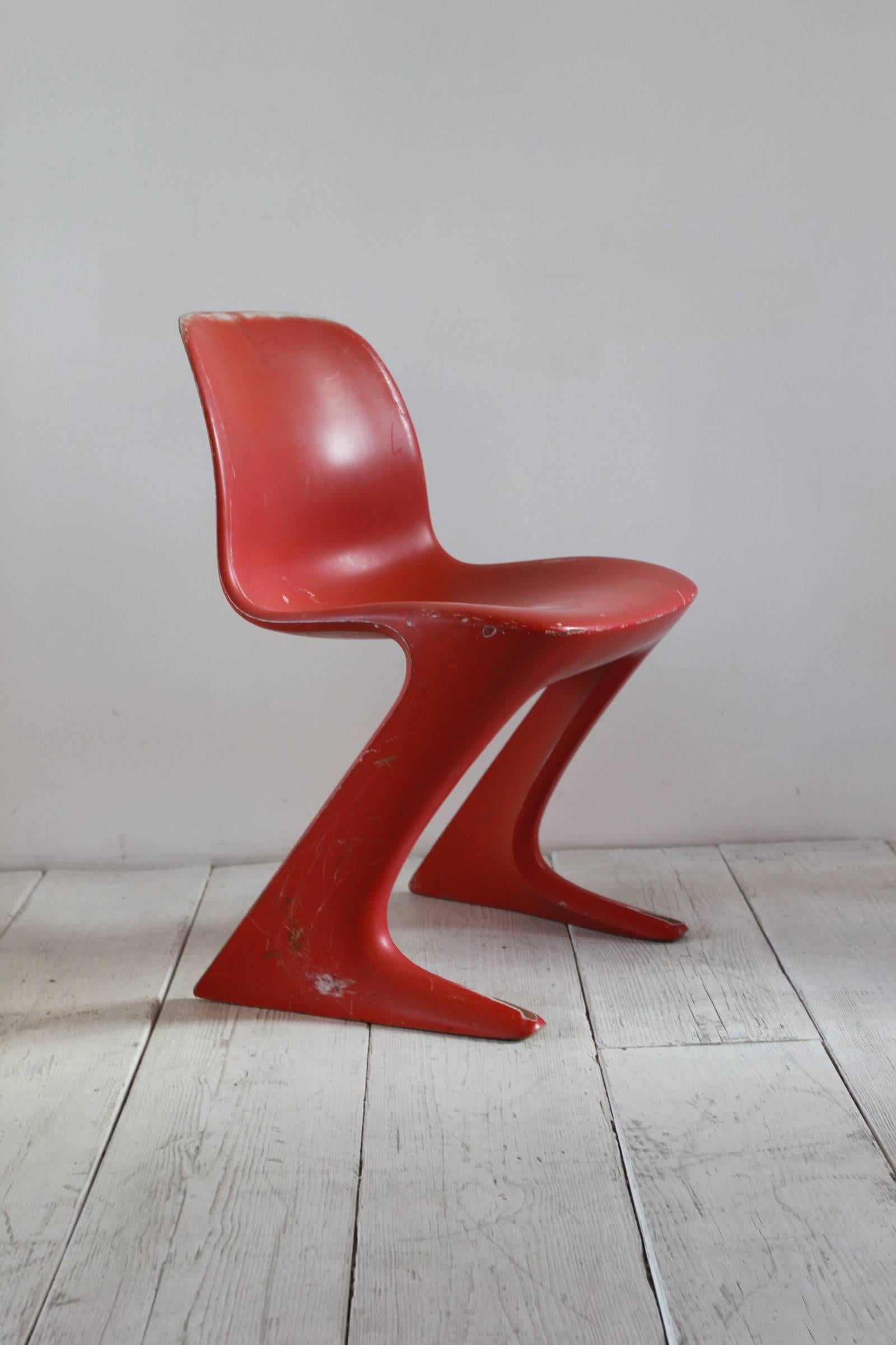 Mid-Century Modern Set of Five Franz Moeckl Style Painted Red Kangaroo Style Dining Chairs