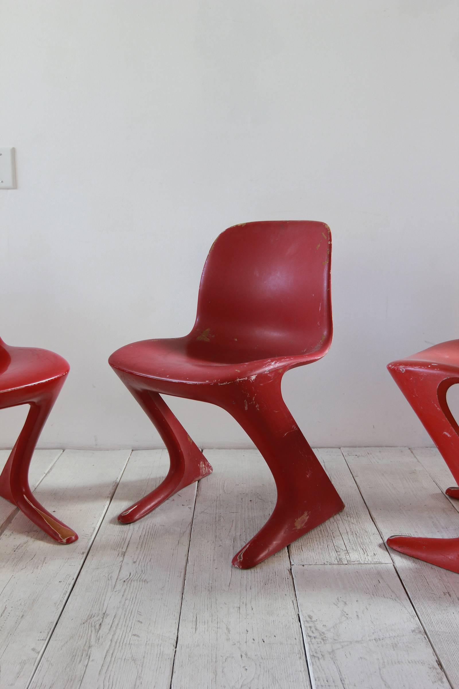 20th Century Set of Five Franz Moeckl Style Painted Red Kangaroo Style Dining Chairs