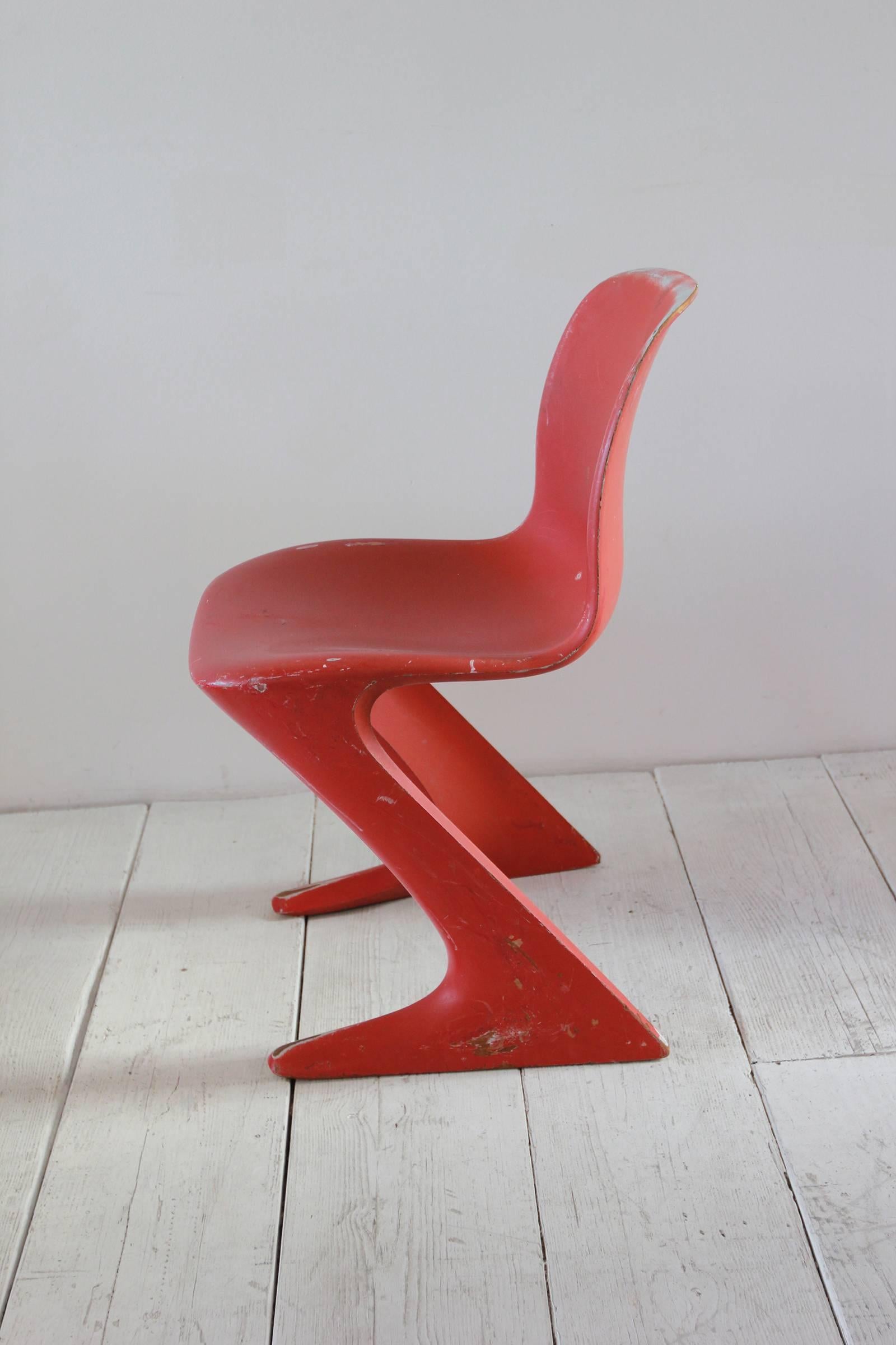 Set of Five Franz Moeckl Style Painted Red Kangaroo Style Dining Chairs 1