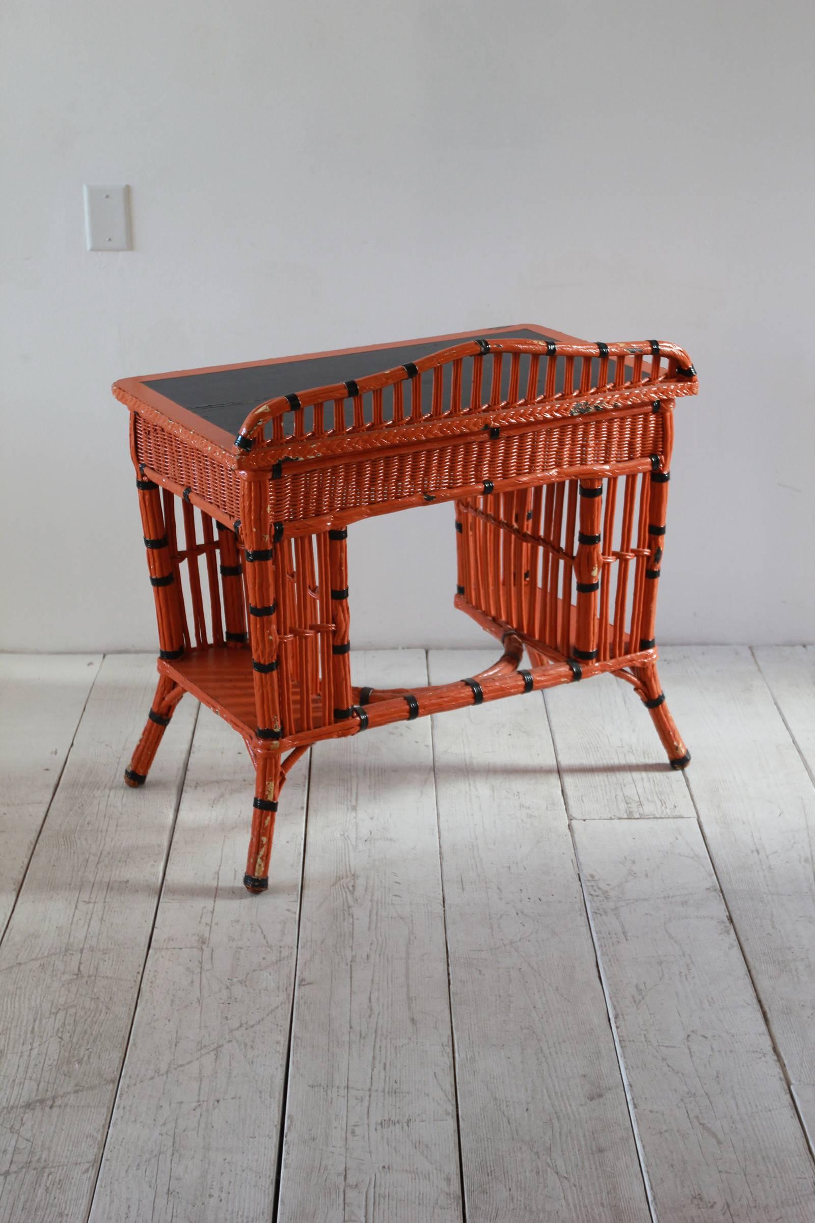 Folk painted orange and black vanity set with single pull-out drawer. Chair dimensions are: 36