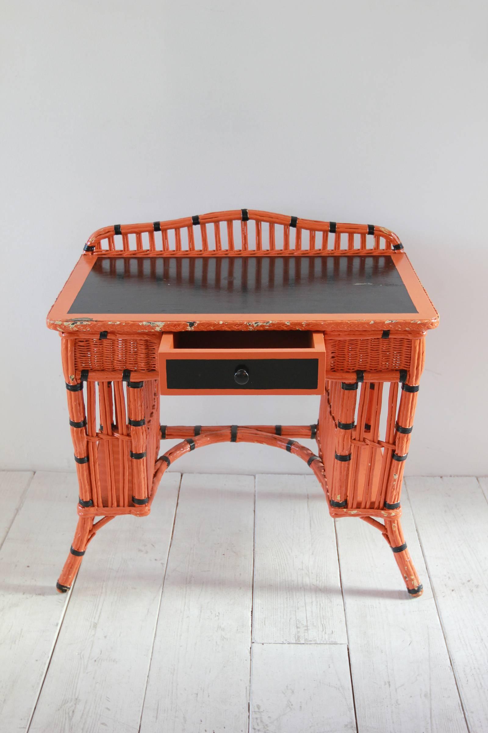 Orange and Black Painted Wicker Vanity Set In Distressed Condition In Los Angeles, CA