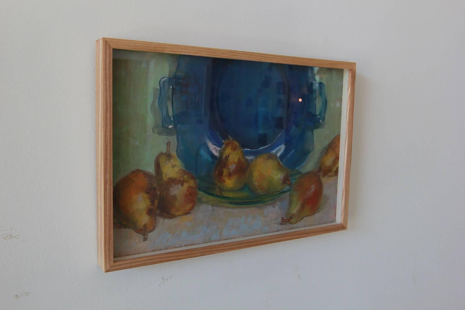 Rectangular wood framed pastel still life of blue bowl and pears.