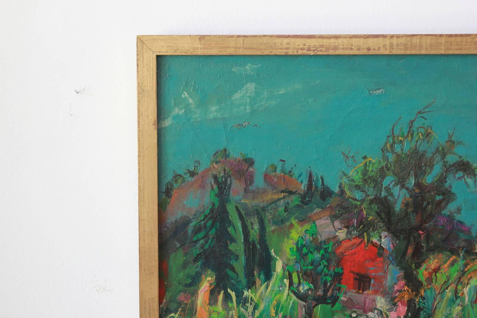 Gold Framed Green Landscape Painting In Distressed Condition In Los Angeles, CA