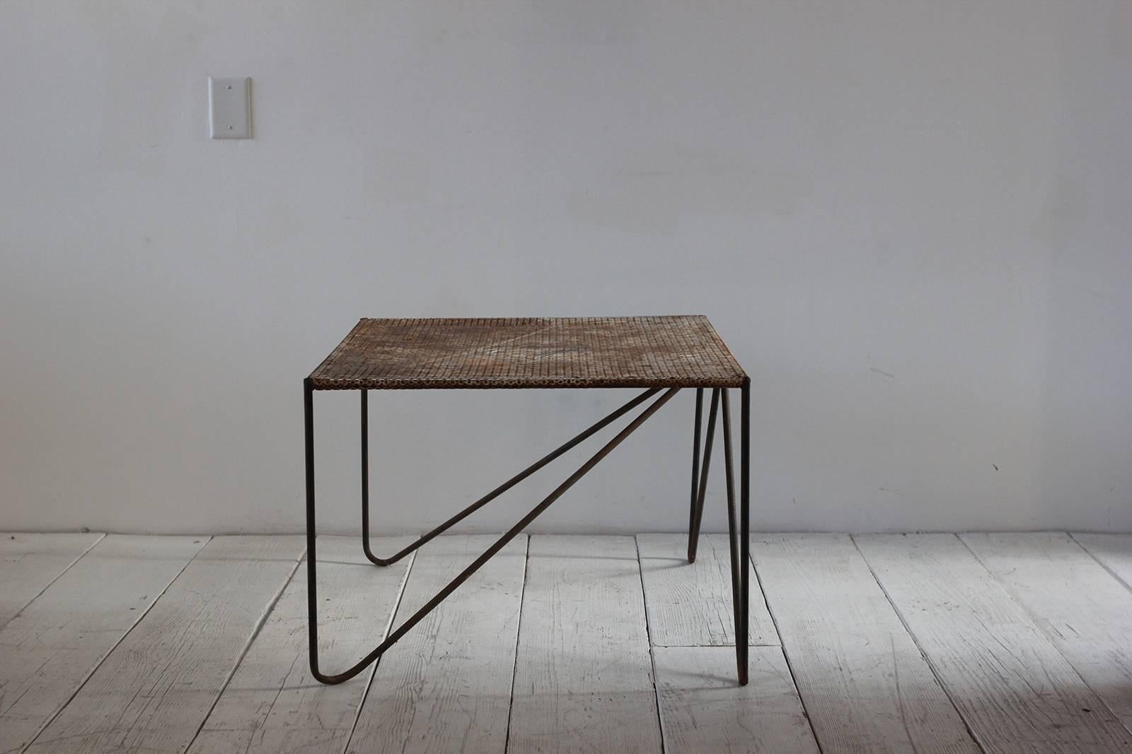 Rustic Perforated Metal Side Table with Angled Legs In Distressed Condition In Los Angeles, CA
