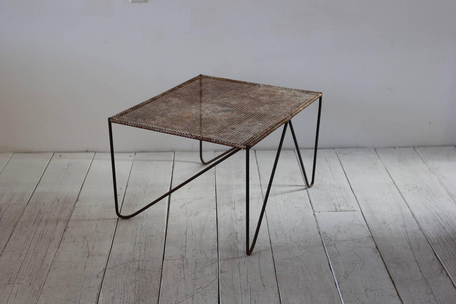 20th Century Rustic Perforated Metal Side Table with Angled Legs