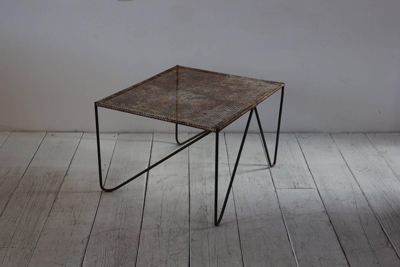 Rustic Perforated Metal Side Table with Angled Legs 2
