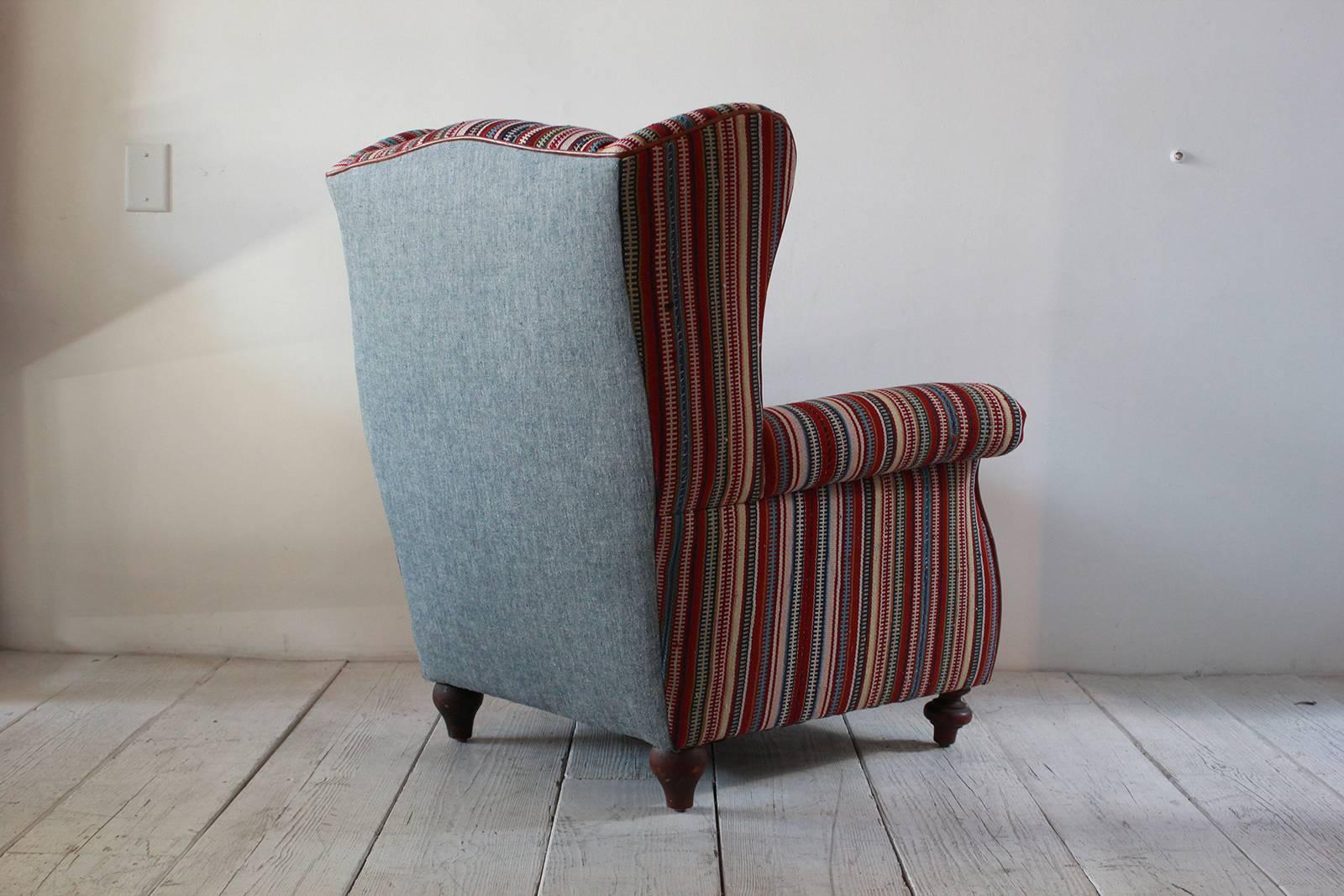 Italian Kilim Wing Back Chair with Original Leather Seat In Excellent Condition In Los Angeles, CA