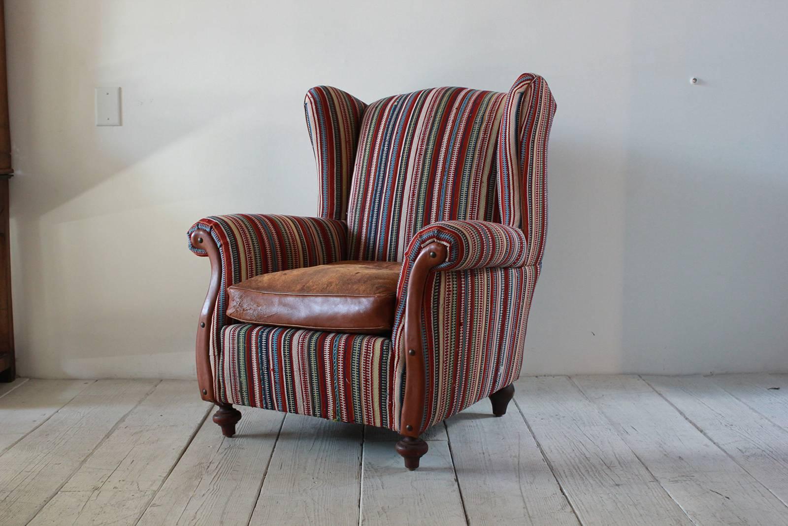 Mid-20th Century Italian Kilim Wing Back Chair with Original Leather Seat