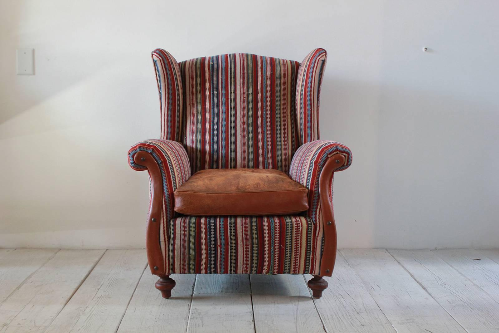 Italian Kilim Wing Back Chair with Original Leather Seat 1