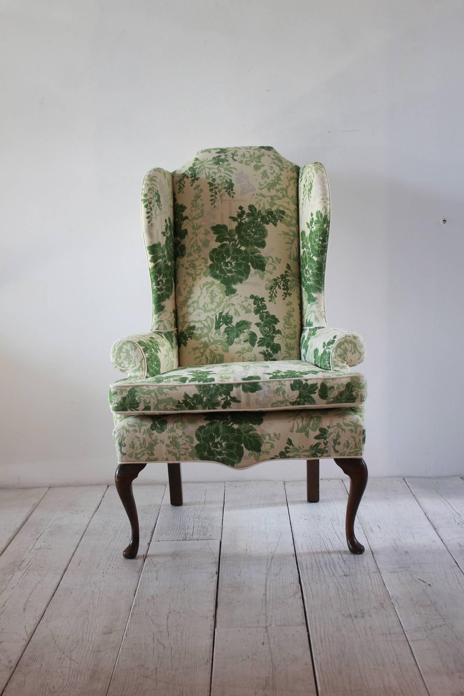 Vintage Wing Chair Upholstered in Green Floral Fabric In Excellent Condition In Los Angeles, CA