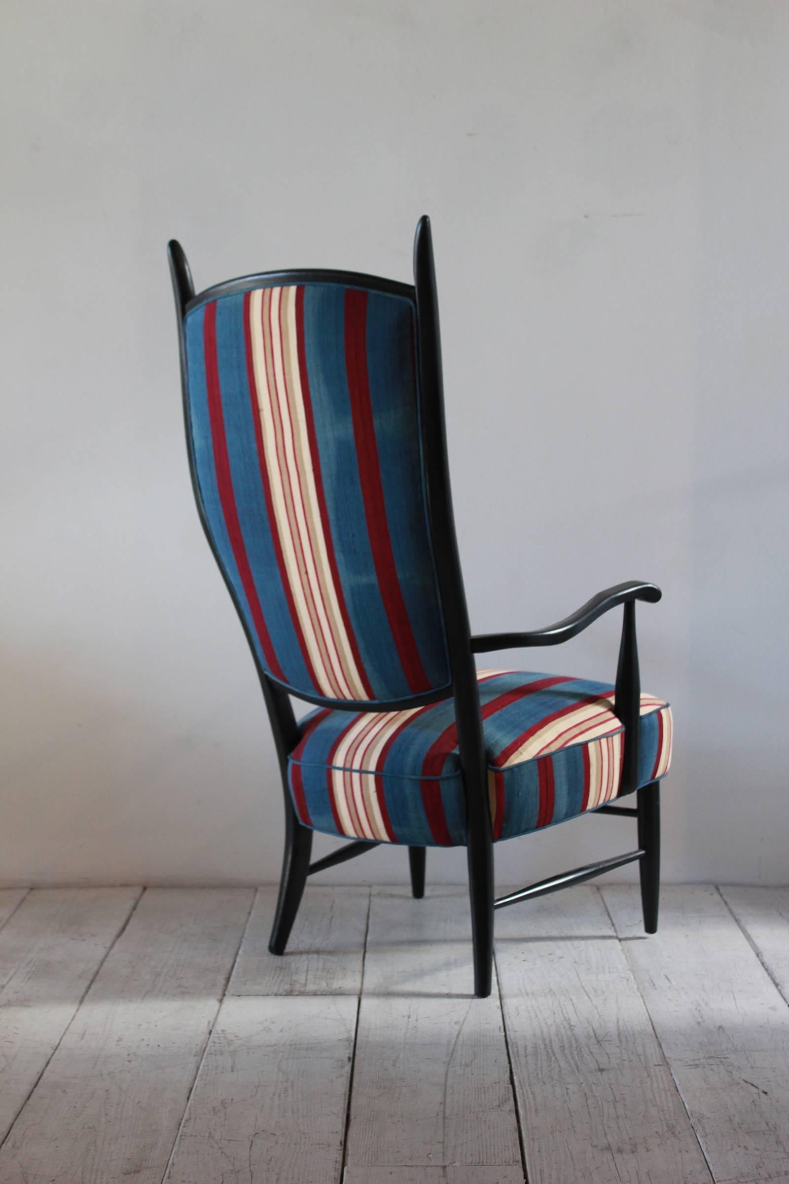 Late 20th Century Black Painted Spanish High Back Chair Upholstered in African Fabric