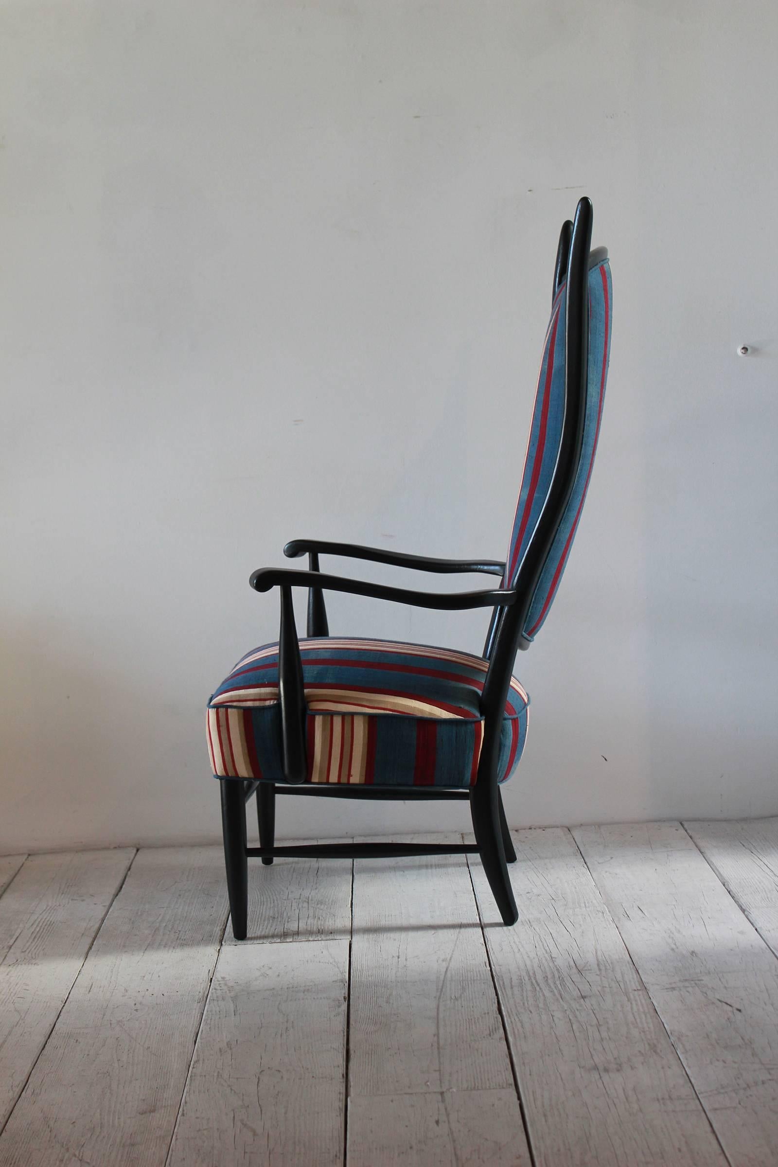 Black Painted Spanish High Back Chair Upholstered in African Fabric In Distressed Condition In Los Angeles, CA